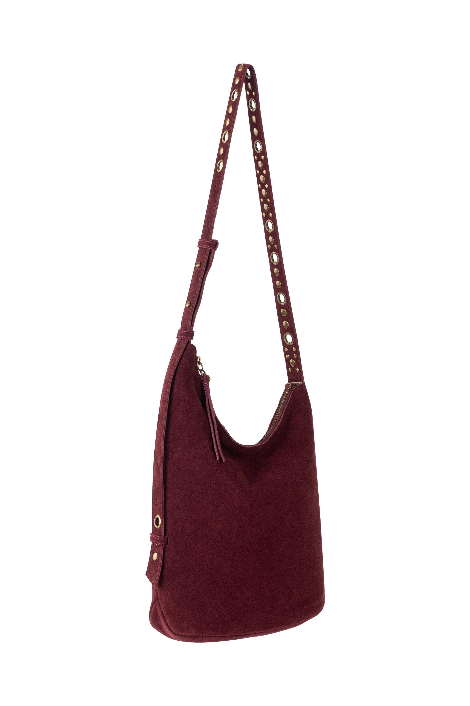 Tess Asymetrical Leather Bucket, Alternate, color, Black Cherry Suede Belt