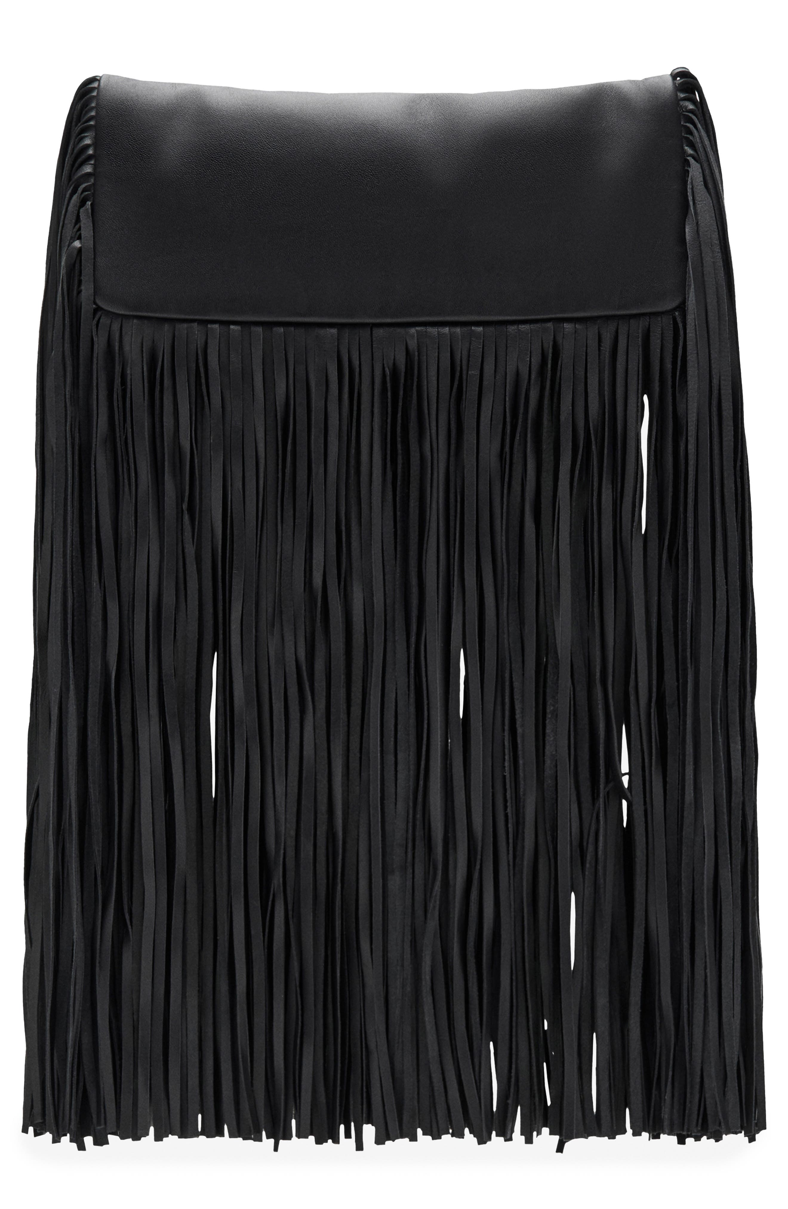MANGO Fringe Leather Clutch, Main, color, Black