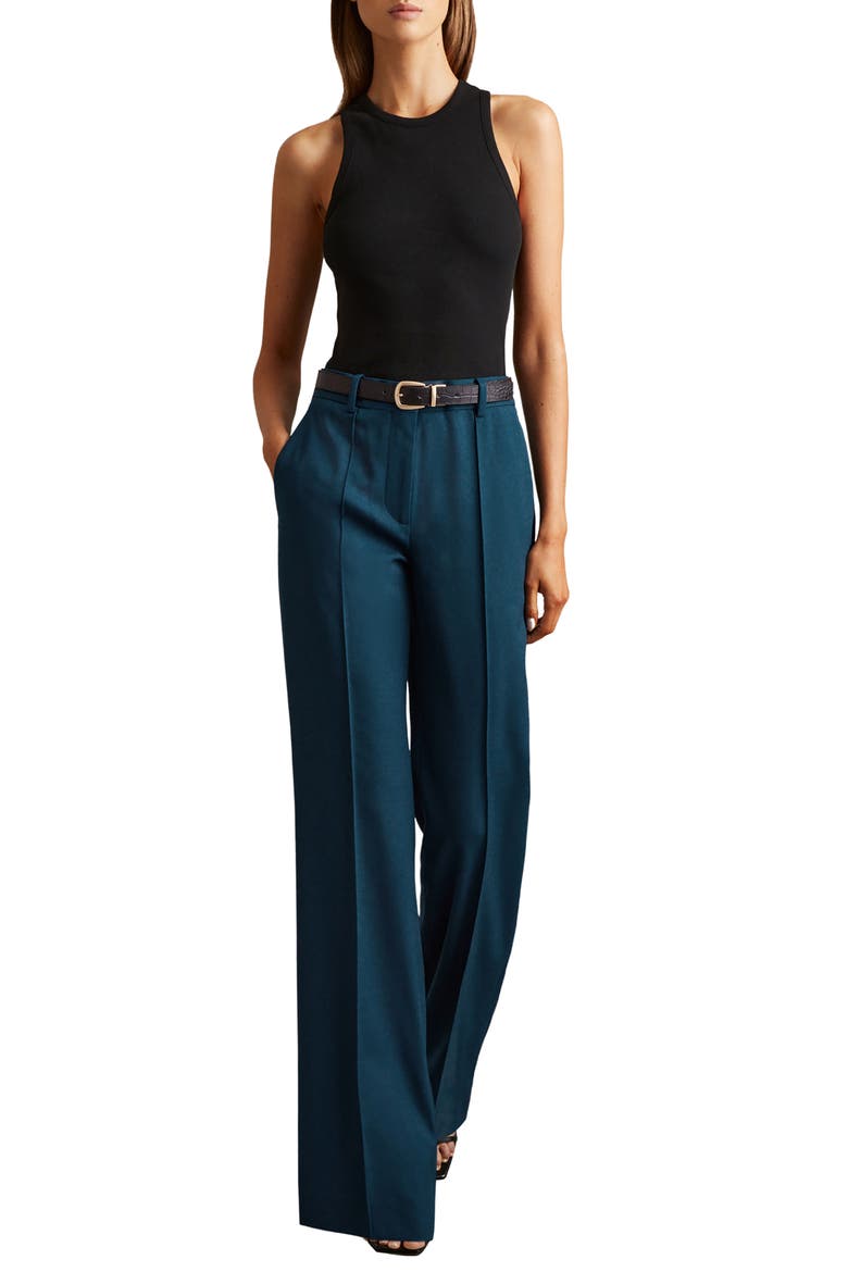 Jade Pintuck Stretch Wool Blend Wide Leg Pants, Alternate, color, TEAL