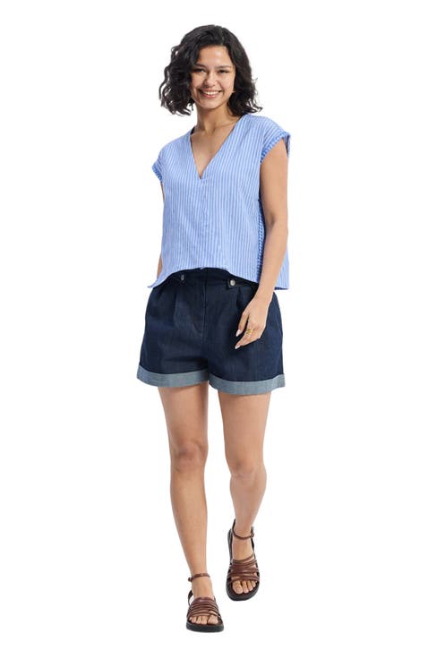 Boxy V-neck Top in Blue Stripes