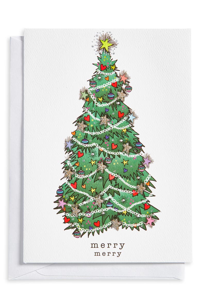 VERRIER HANDCRAFTED Merry Merry Holiday Tree Greeting Card, Main, color, Green