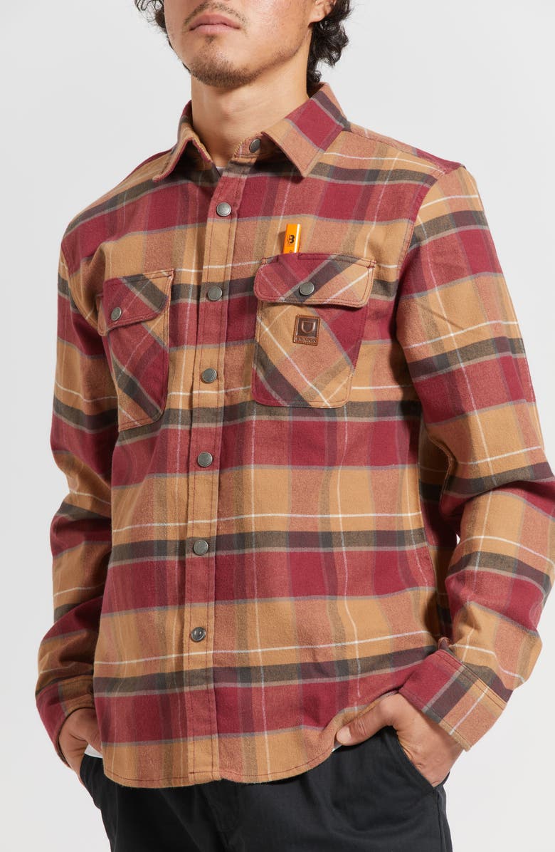 Brixton Builder's Bowery Standard Fit Plaid Flannel Water Repellent Snap-Up Shirt, Alternate, color, 