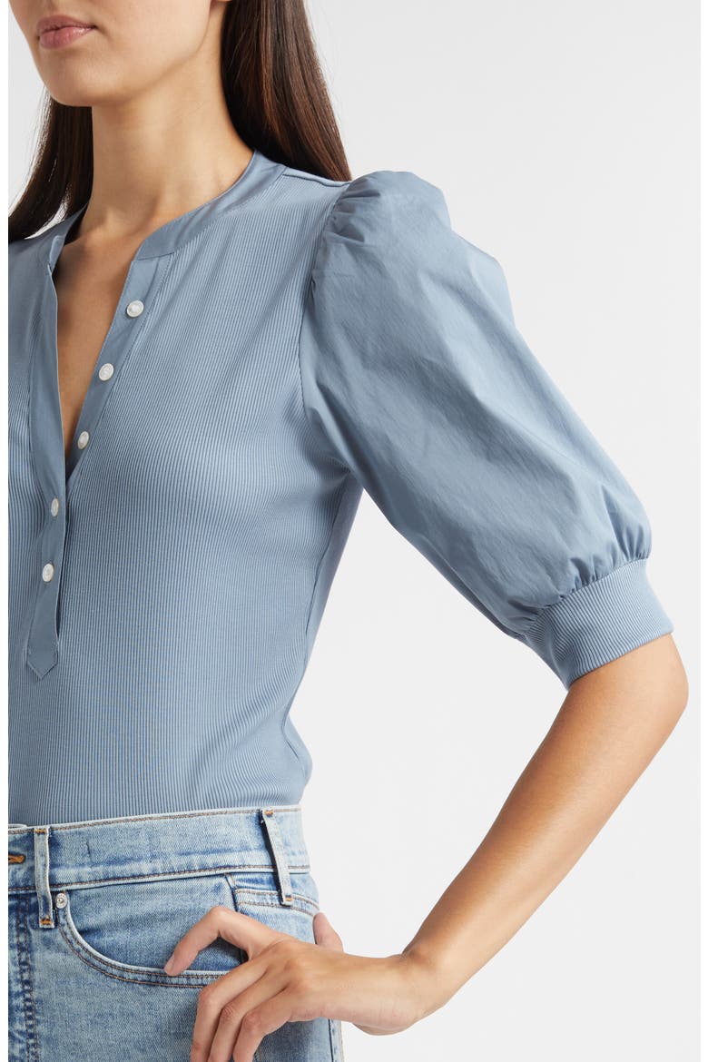 Coralee Puff Sleeve Mixed Media Henley Top, Alternate, color, LAKE MIST