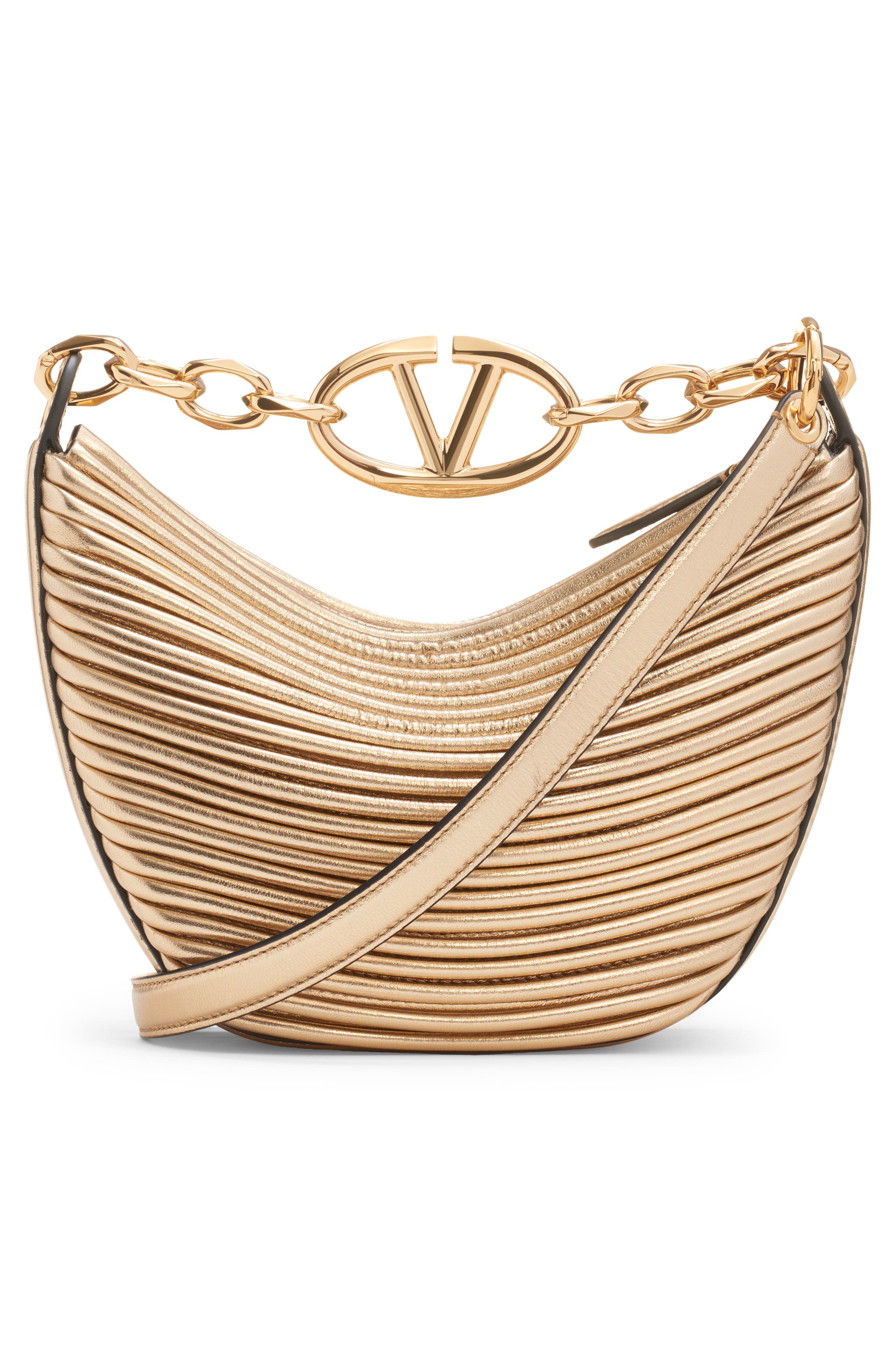 Valentino Garavani Small VLOGO Moon Metallic Lambskin Hobo Bag with Chain, Alternate, color, 