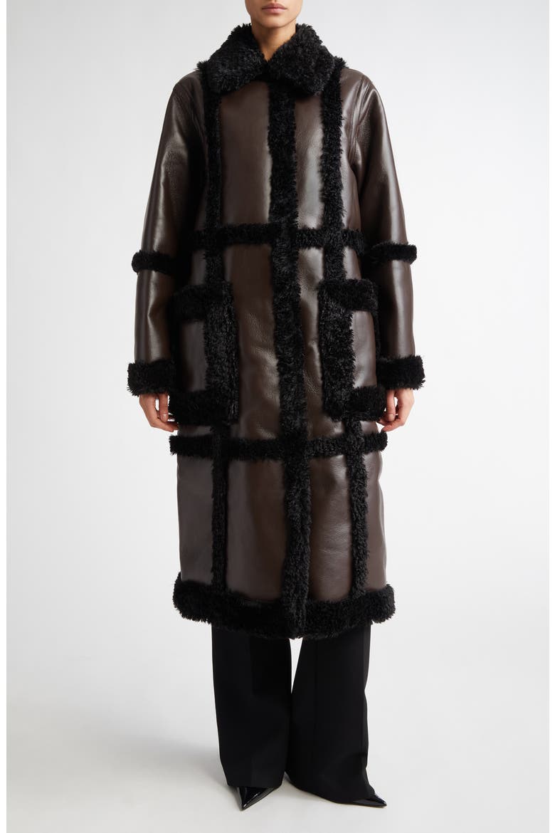 Patrice Faux Leather Coat with Faux Shearling Trim, Alternate, color, DARK BROWN/ BLACK
