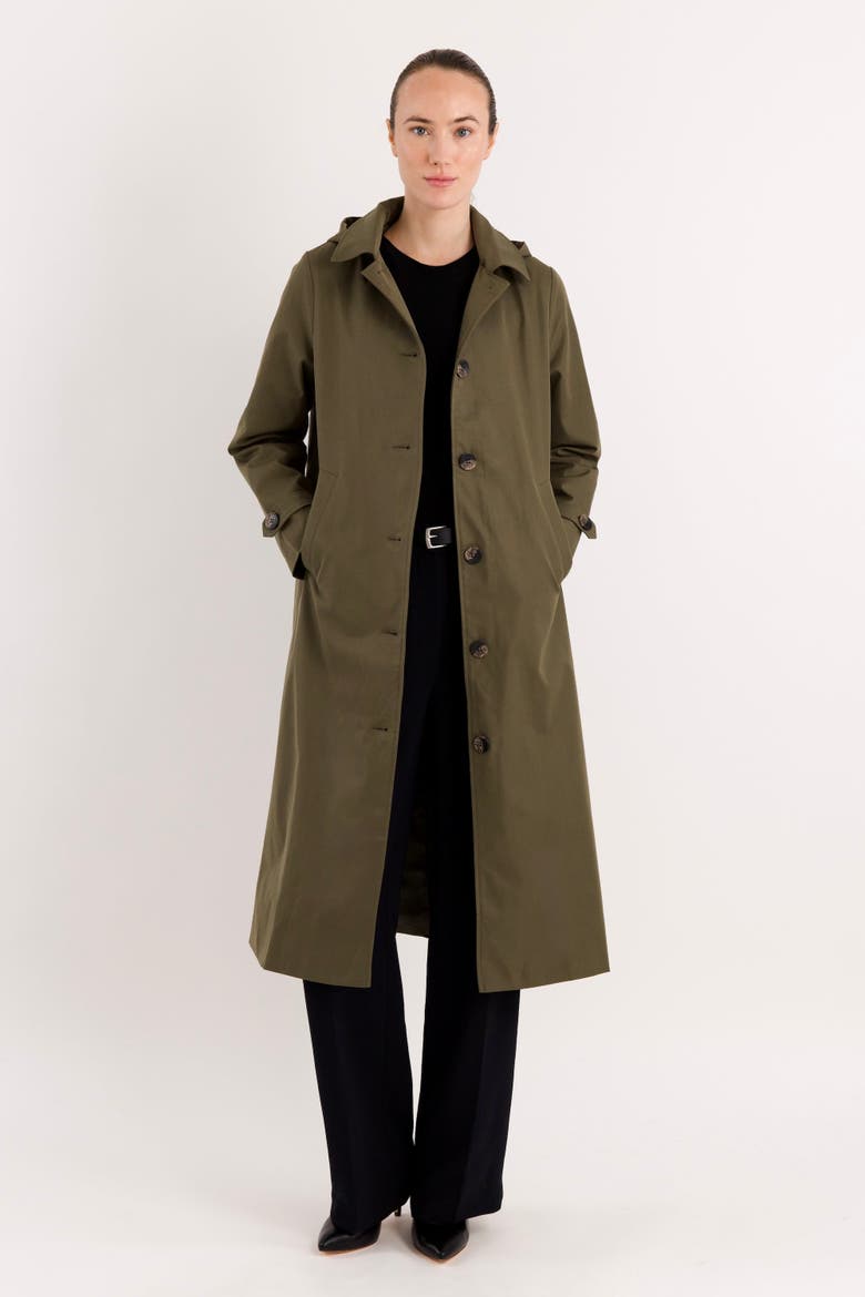 Long Single-Breasted Trench Coat with Detachable Hood, Alternate, color, Olive