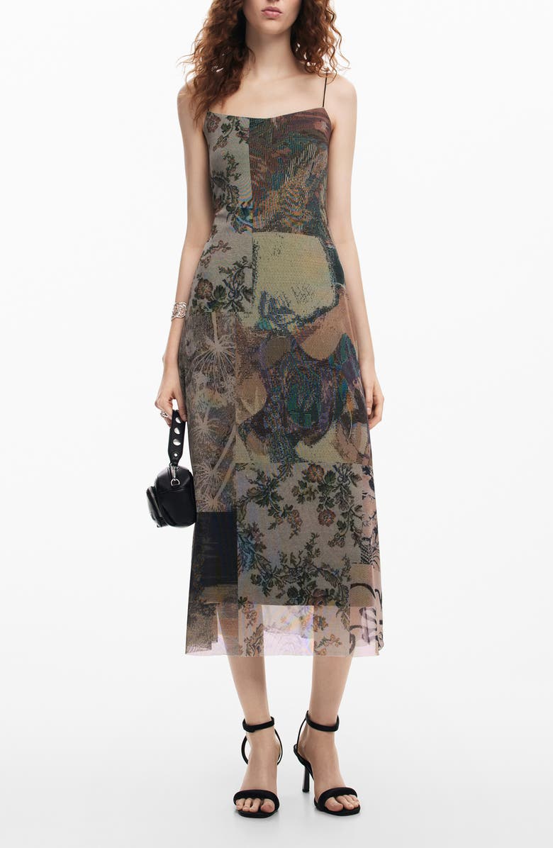 Desigual Miami Mixed Print Mesh Midi Dress, Main, color,
