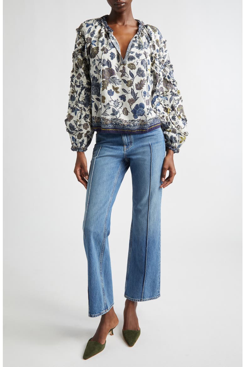 Azrou Floral Ruffle Split Neck Peasant Top, Alternate, color, PORCELAIN