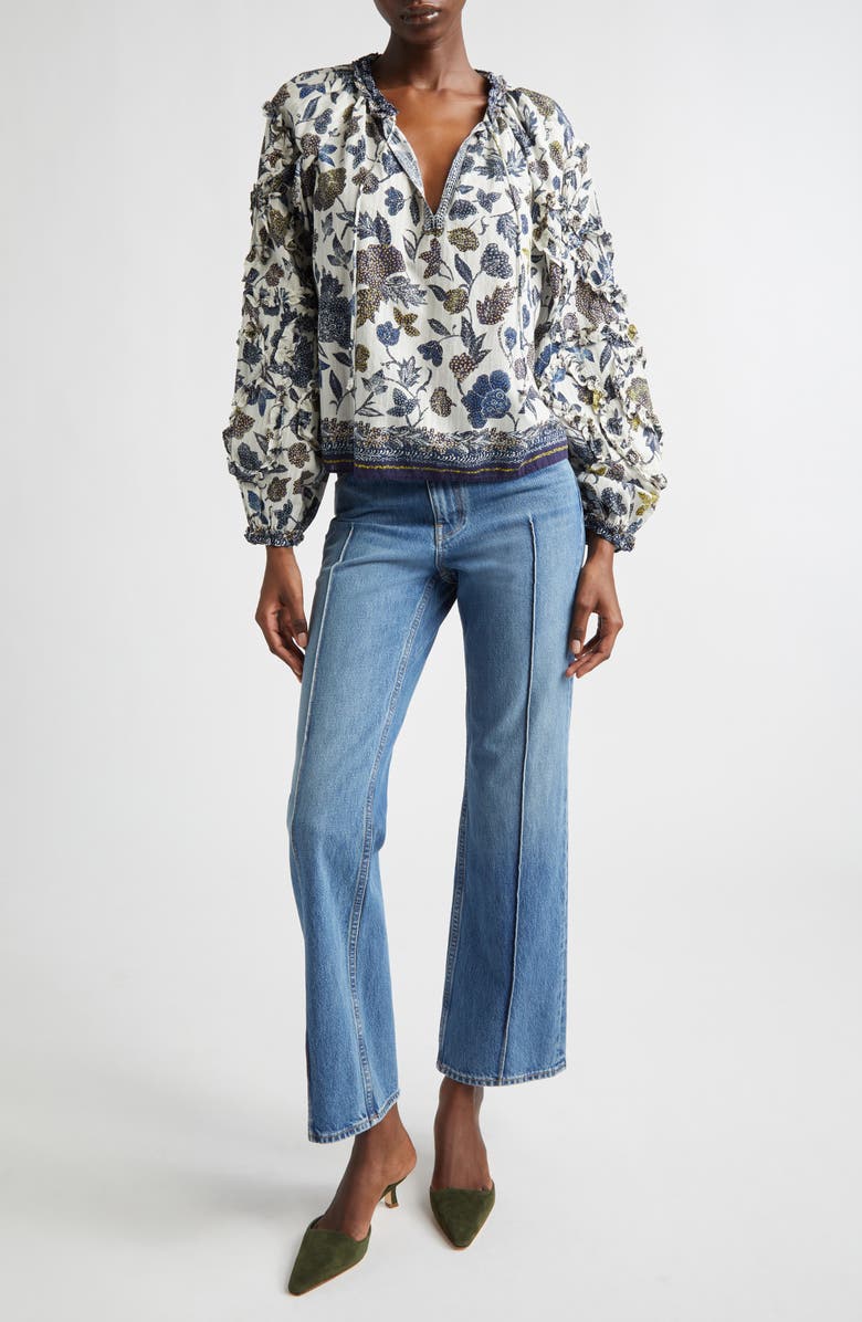Ulla Johnson Azrou Floral Ruffle Split Neck Peasant Top, Alternate, color, Porcelain