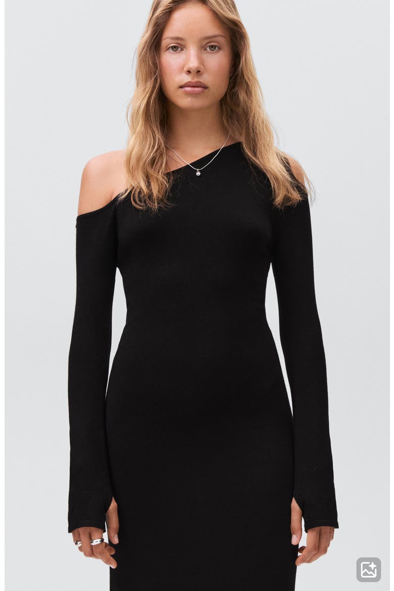Asymmetric Cutout One-Shoulder Long Sleeve Dress, Alternate, color, BLACK
