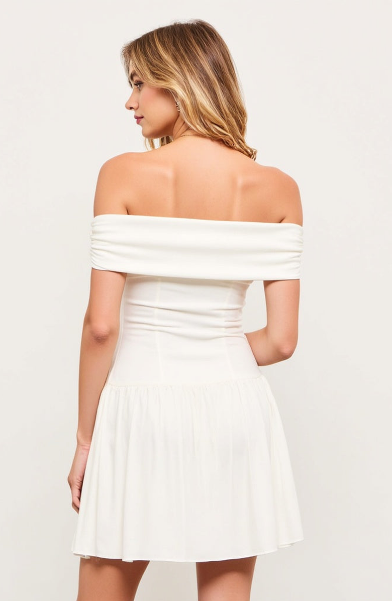 Modenaire Off-Shoulder Ruched Bodice Mini Dress with Flowy Skirt, Alternate, color, White
