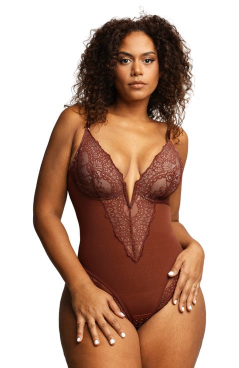 Plus Size Shapewear Lace Deep V-Neck Sculpting Thong Bodysuit