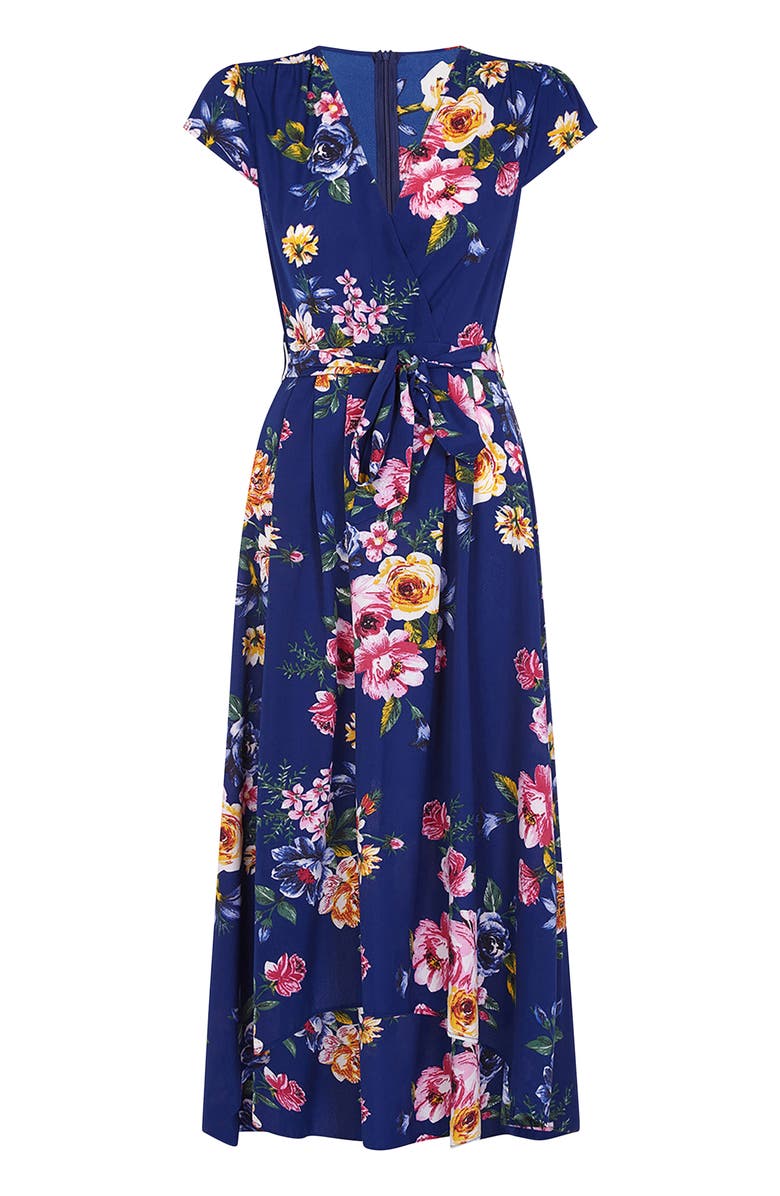 Yumi Floral Print Dipped Hem Wrap Midi Dress, Alternate, color, Navy