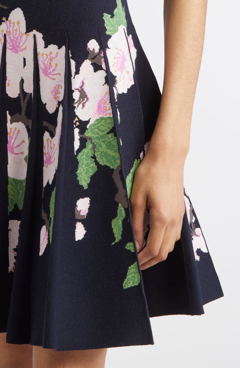 Oscar de la Renta Cherry Blossom Pleated Jacquard Knit Fit & Flare Dress, Alternate, color, Navy/ Pink