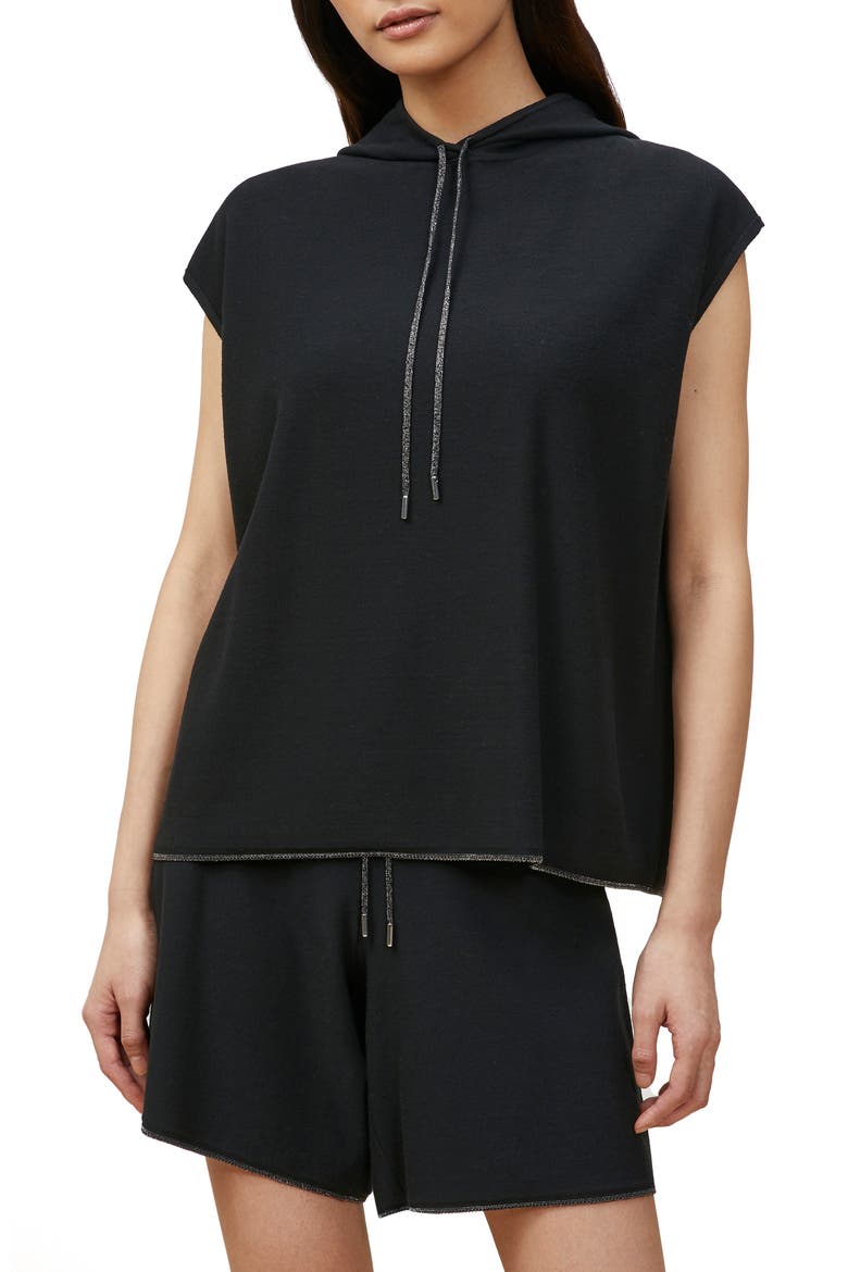 Metallic Trim Matte Crepe Sweater Hoodie, Main, color, BLACK