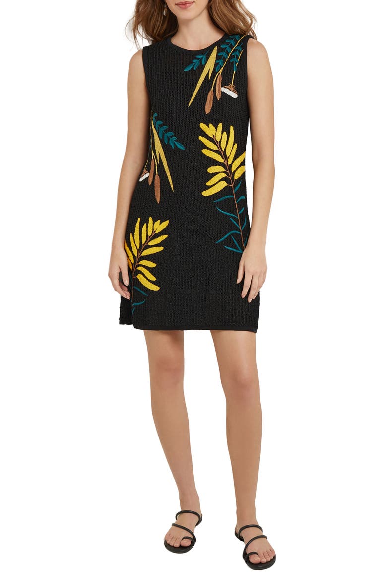 Embroidered Sleeveless Minidress, Main, color, BLACK/OCHRE/SPRUCE/COPPER/NEW