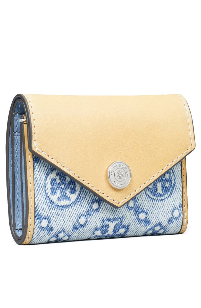 Tory Burch Key Item T Monogram Denim & Leather Wallet, Alternate, color, Powder Blue