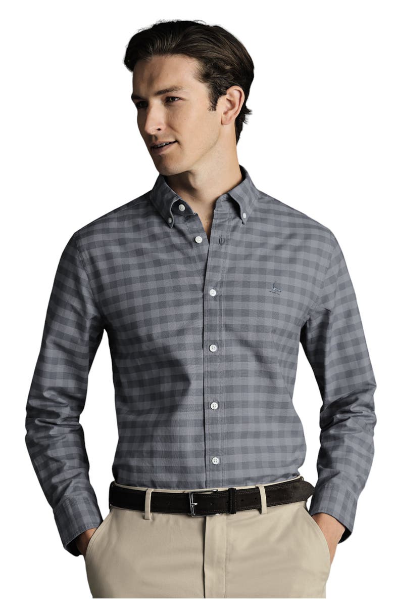 Charles Tyrwhitt Slim Fit Button-Down Collar Washed Oxford Gingham Shirt, Main, color, Flint Grey