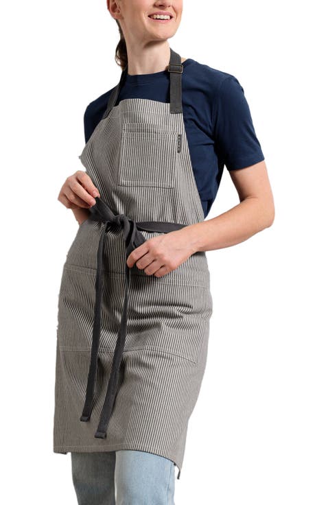 Bib Apron with Pockets - Pinstriped
