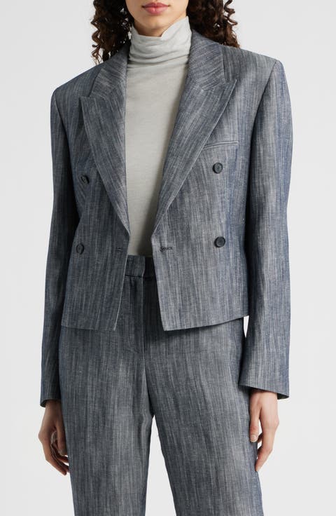 Jelsia Belted Sharkskin Twill Double Breasted Crop Blazer