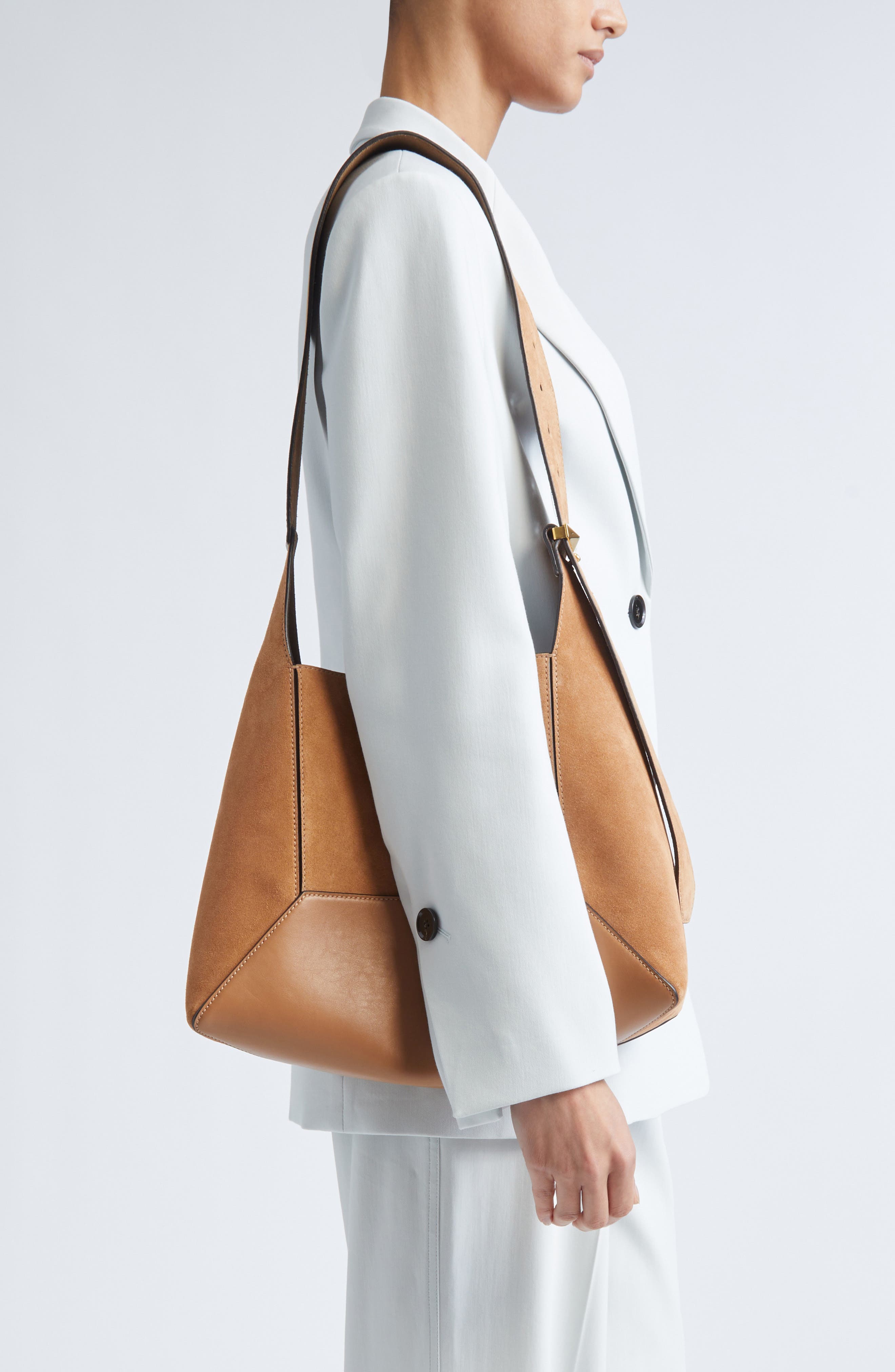 Jimmy Choo Medium Diamond Leather & Suede Hobo Bag, Alternate, color, Toffee/ Gold