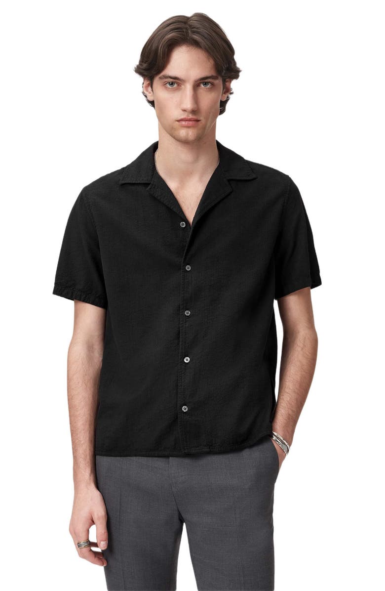 John Varvatos Cotton Seersucker Camp Shirt, Alternate, color, Black