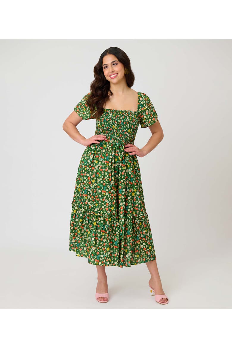Smocked Bodice Midi Dress, Main, color, Green Strawberry Print