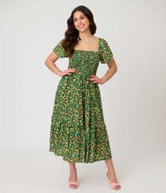 Unique Vintage Smocked Bodice Midi Dress