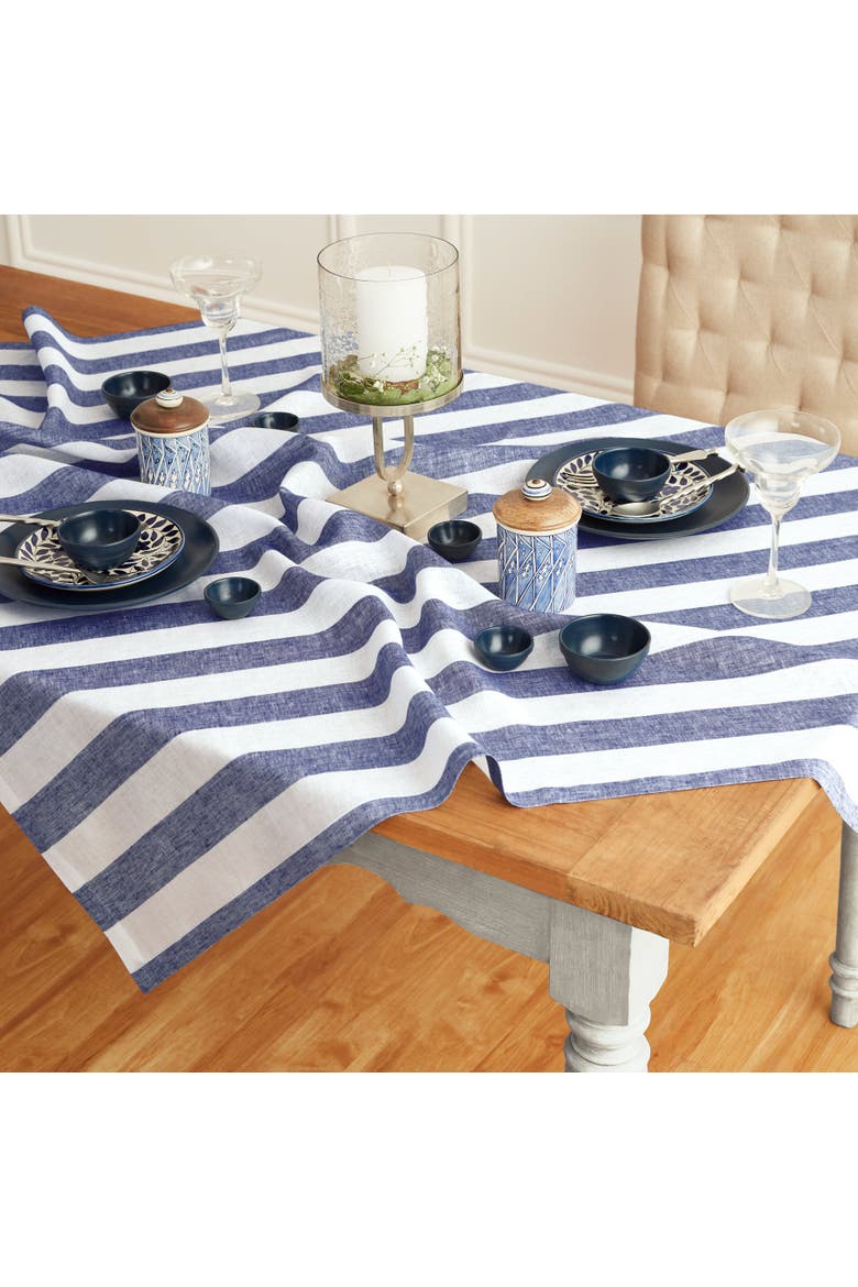 Linen Table Throw 52 x 52 Inch - Cabana Stripe, Main, color, Navy and White