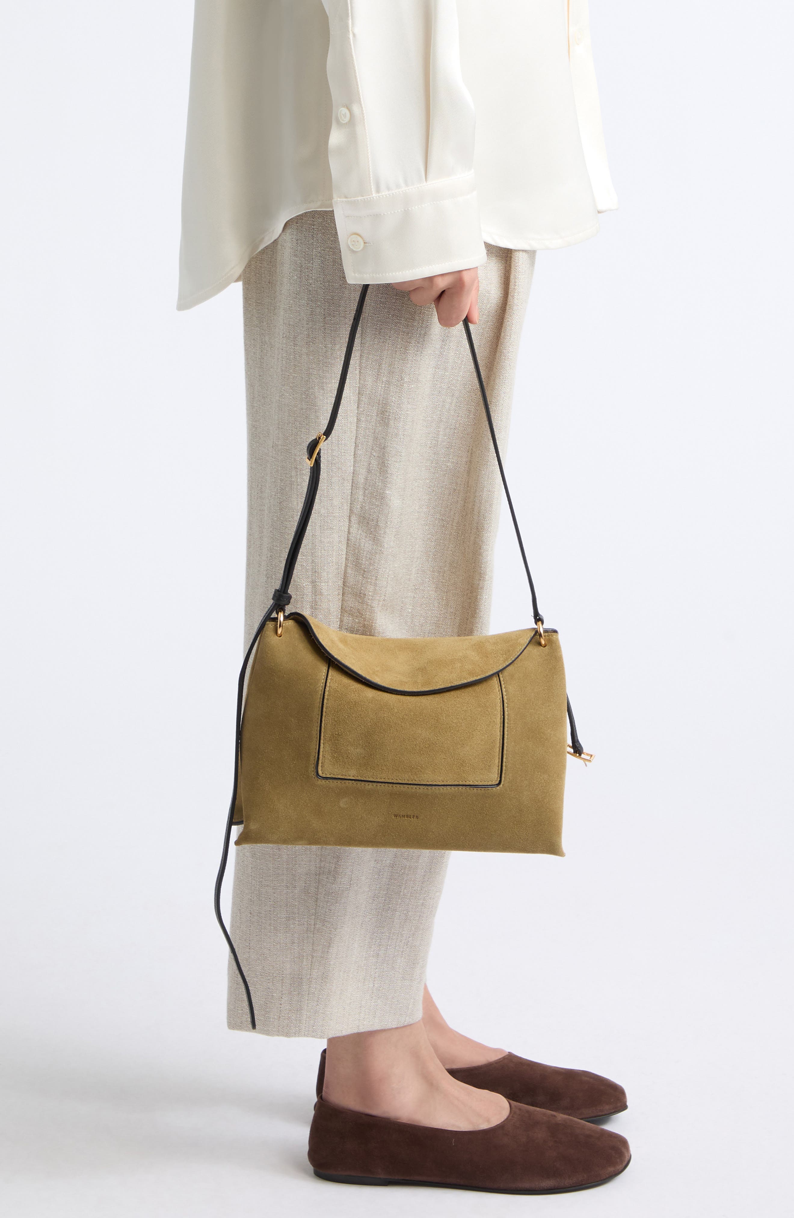 Penelope Slouch Suede Shoulder Bag, Alternate, color, KHAKI SUEDE/ BLACK