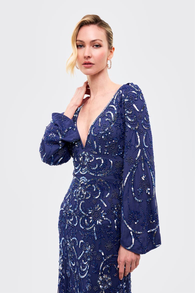 Deep Neck Embellished Sequins Maxi Dress, Alternate, color, BLUE
