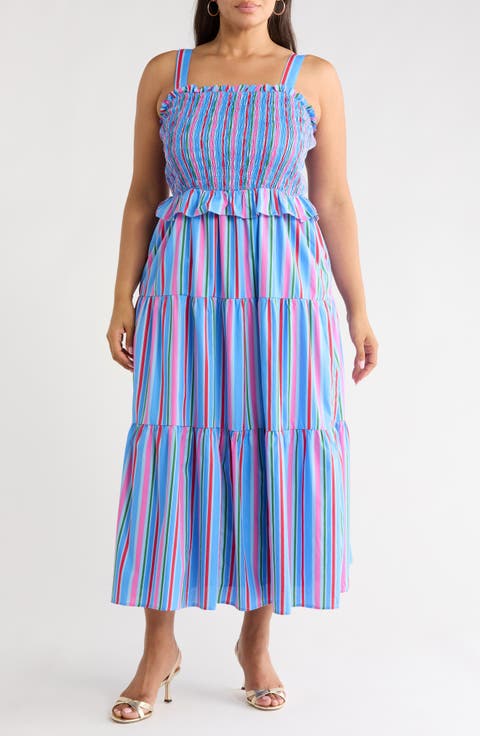 Jaimie Stripe Smocked Sleeveless Maxi Dress (Plus)