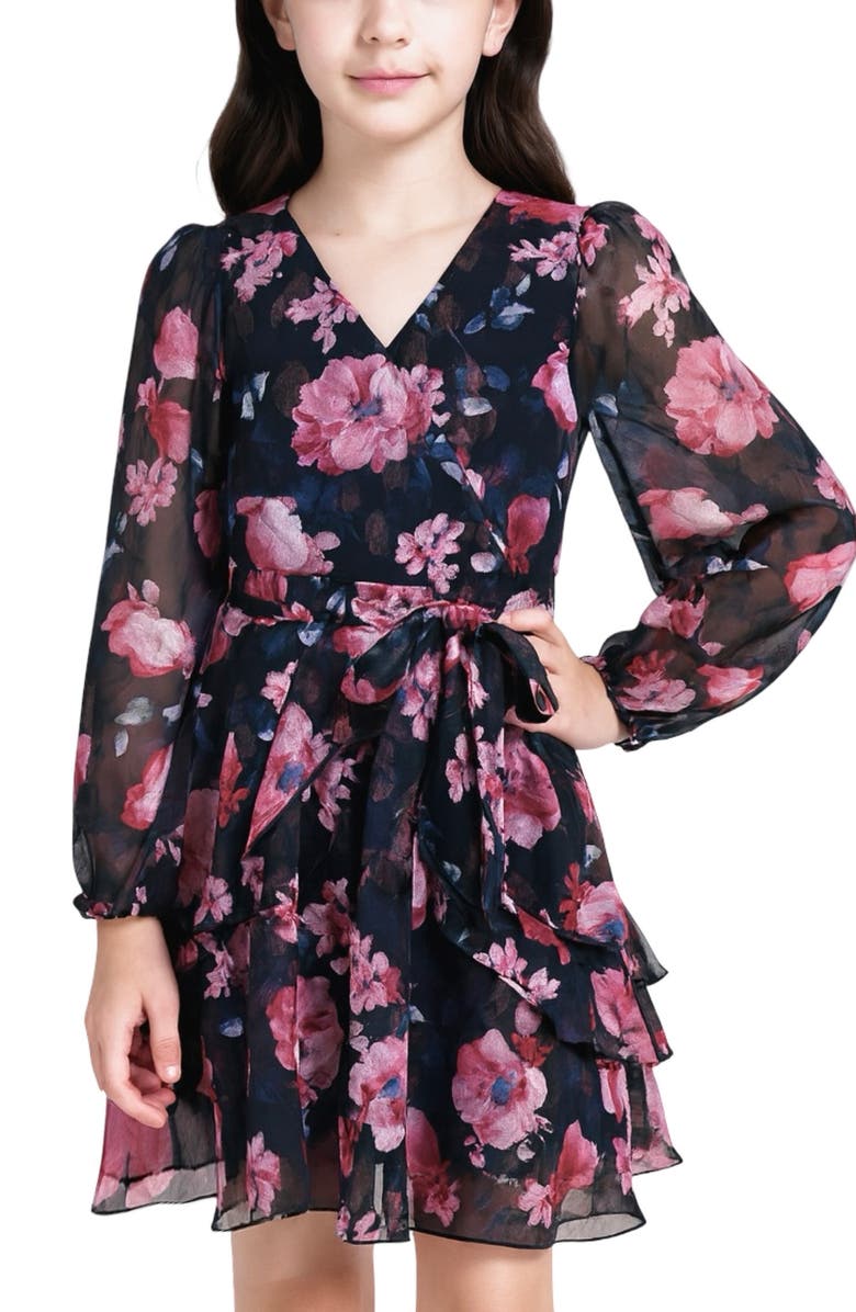 Zunie Kids' Rose Metallic Long Sleeve Party Dress, Alternate, color, Black Multi