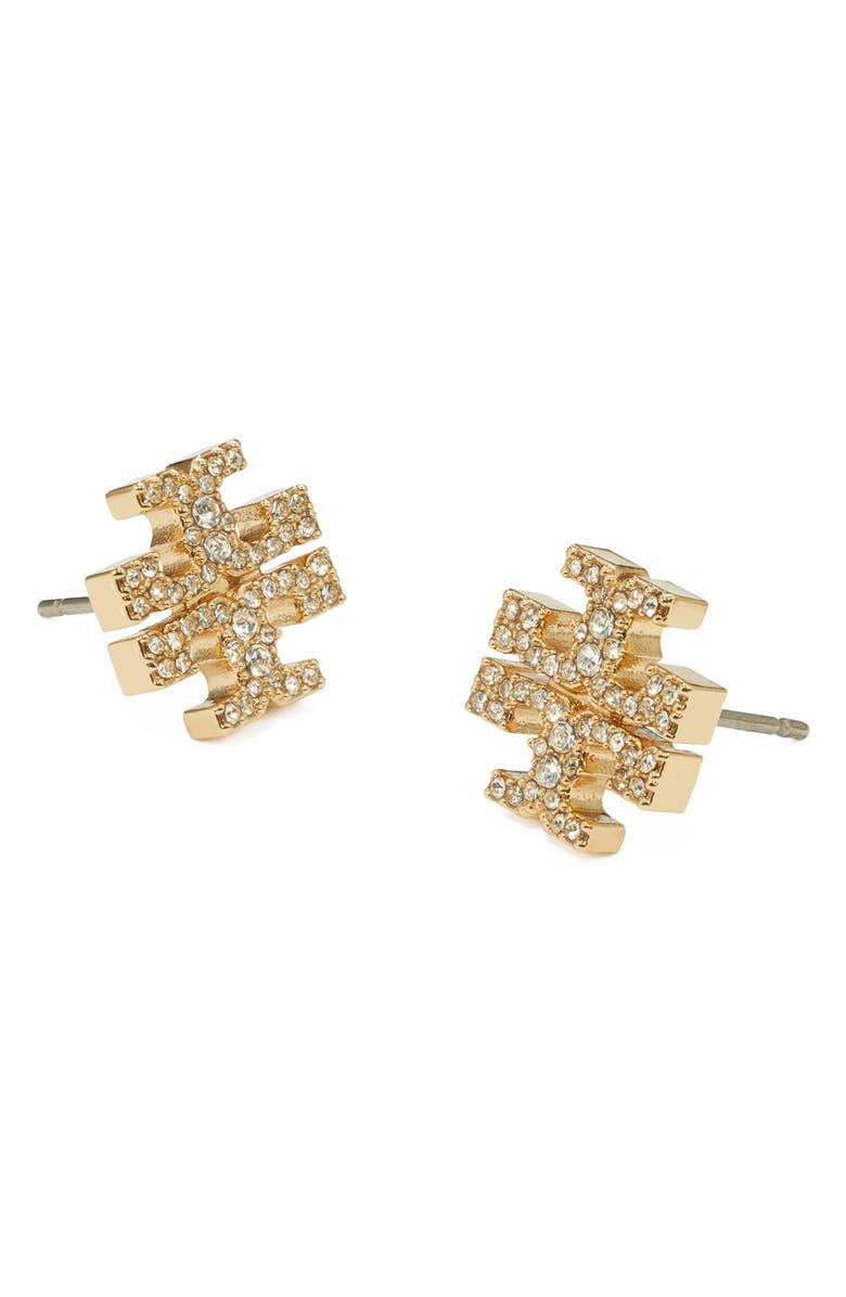 Tory Burch Icon Pavé Stud Earrings, Alternate, color, Tory Gold / Crystal