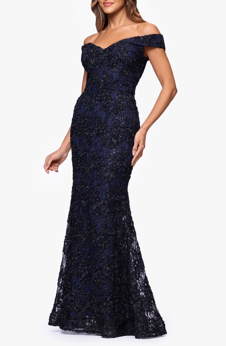 Xscape Evenings Sequin & Lace Off the Shoulder Gown, Alternate, color, Black/ Navy