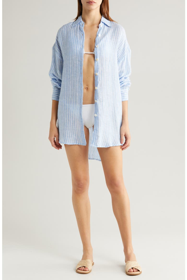 Playa Oversize Linen Cover-Up Shirt, Main, color, SUMMER STRIPE LINEN