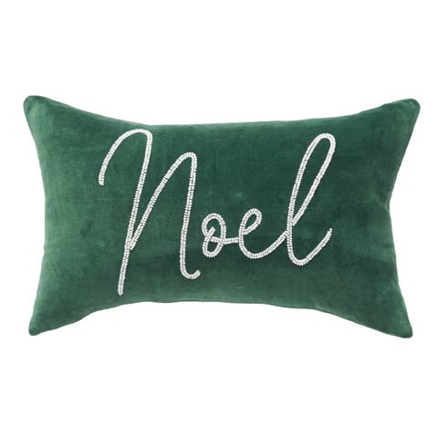 "Noel" Green Velvet Beaded 100% Cotton Mini Christmas Accent Pillow