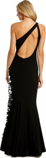 One-Shoulder Gown with Embellished Thigh-High Slit & Strappy Back