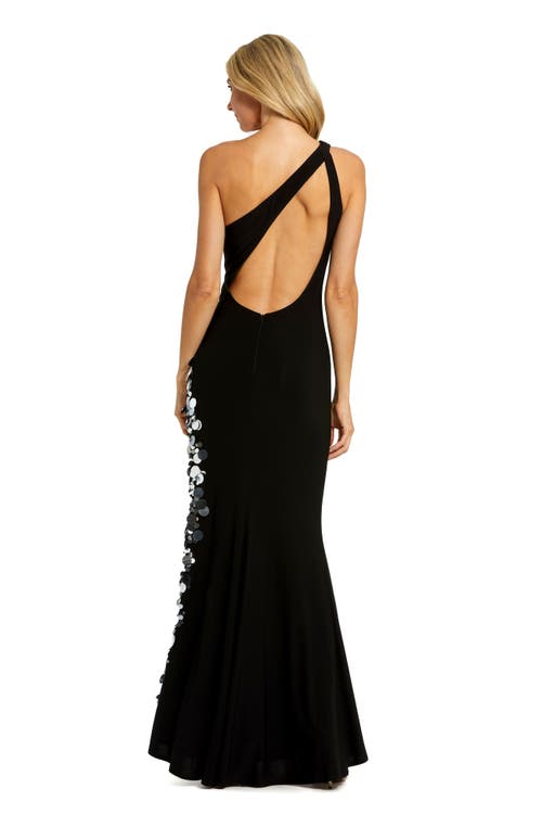 Mac Duggal One Shoulder Keyhole Gown With Embellished Slit In Black