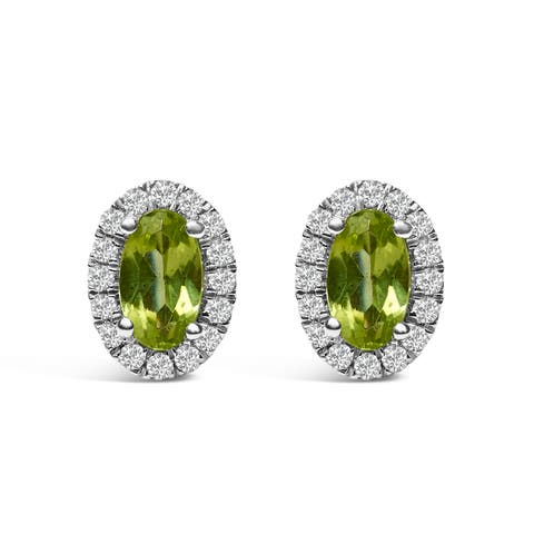 10K White Gold 5x3 MM Oval Cut Birthstone and Diamond Halo Stud Earrings