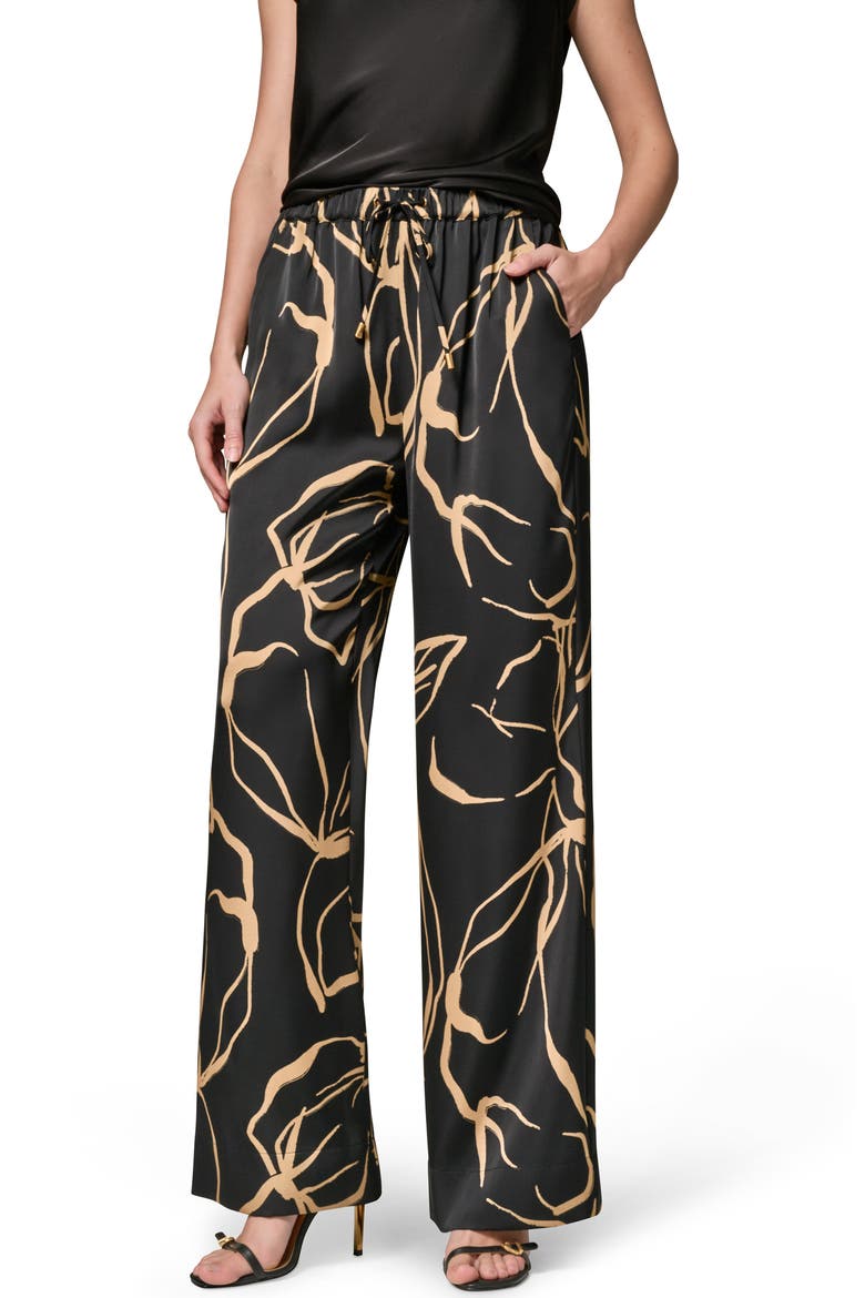 Print Wide Leg Satin Pants, Main, color, BLACK/ FAWN