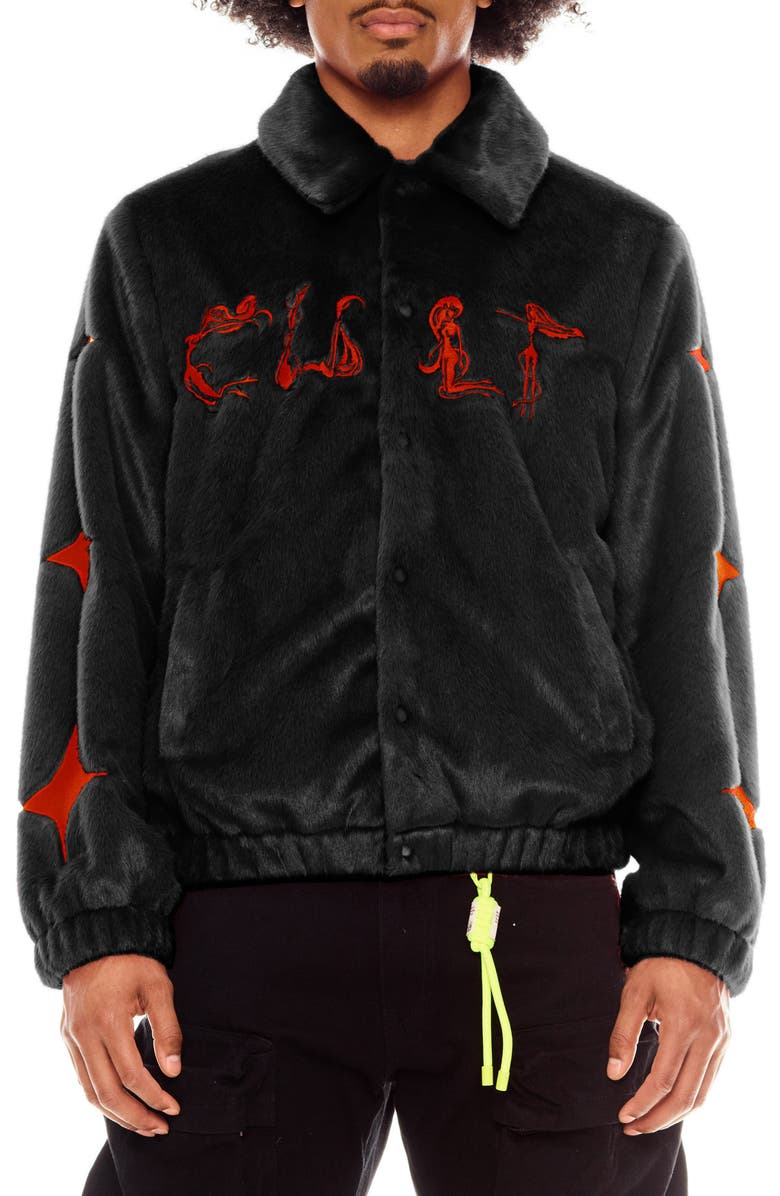 Cult of Individuality Embroidered Faux Fur Jacket, Main, color, Black