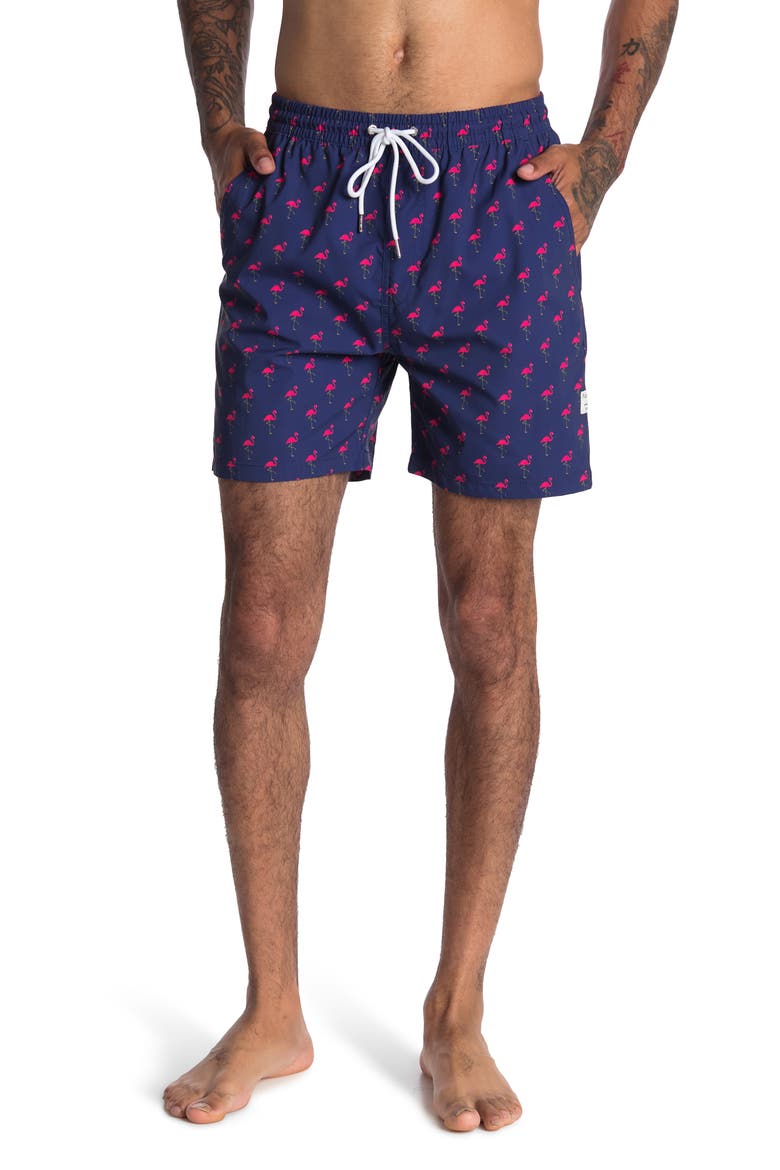Flamingo Party Patterned Board Shorts, Main, color, NAVY