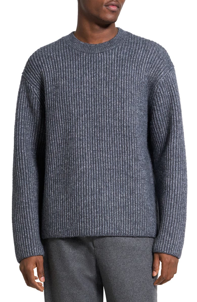 Theory Oversize Ribbed Wool & Cotton Crewneck Sweater, Main, color, Grey Melange