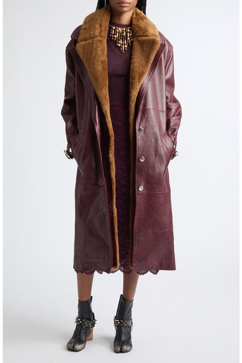 Genuine Shearling Trim Belted Leather Coat, Main, color, BURGUNDY