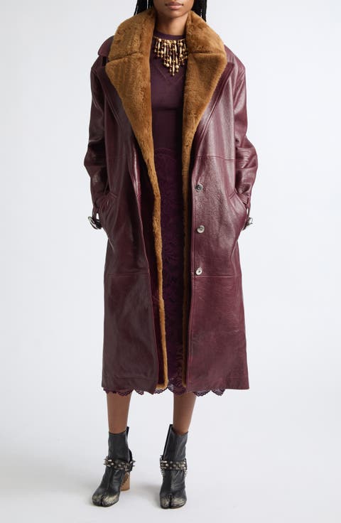 Genuine Shearling Trim Belted Leather Coat