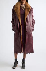 Rabanne Genuine Shearling Trim Belted Leather Coat