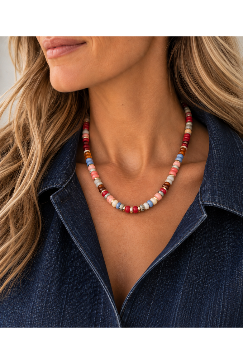 Sunset Mosaic Beaded Necklace, Alternate, color, Red