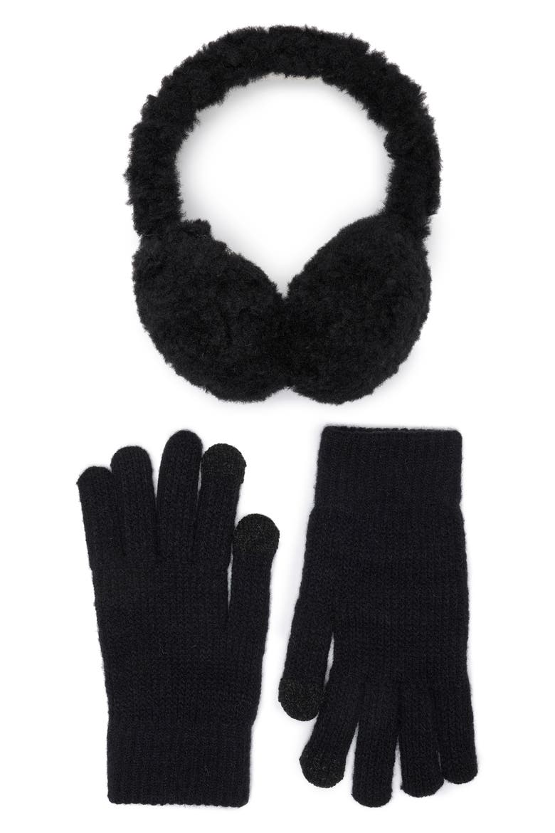 Faux Fur Earmuffs & Knit Gloves Set, Main, color, BLACK