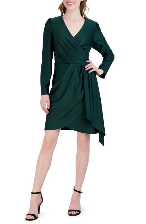 Long Sleeve Draped Faux Wrap Dress